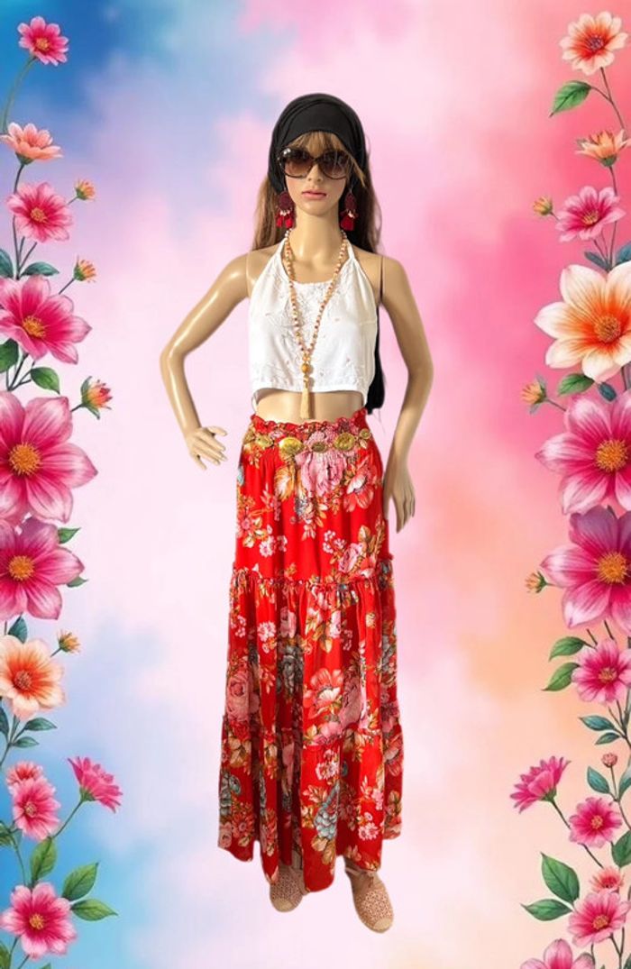 🌺 Longue jupe bohème fleurie hippie ROXY vintage 90s 00s gypsy long floral skirt🌺 - photo numéro 3