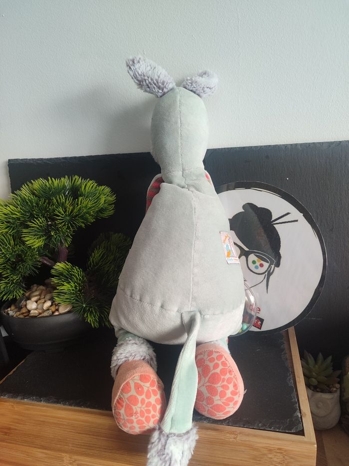 Doudou ane cheval bleu rouge beige rayé Biscotte et Pompon moulin roty peluche - photo numéro 2