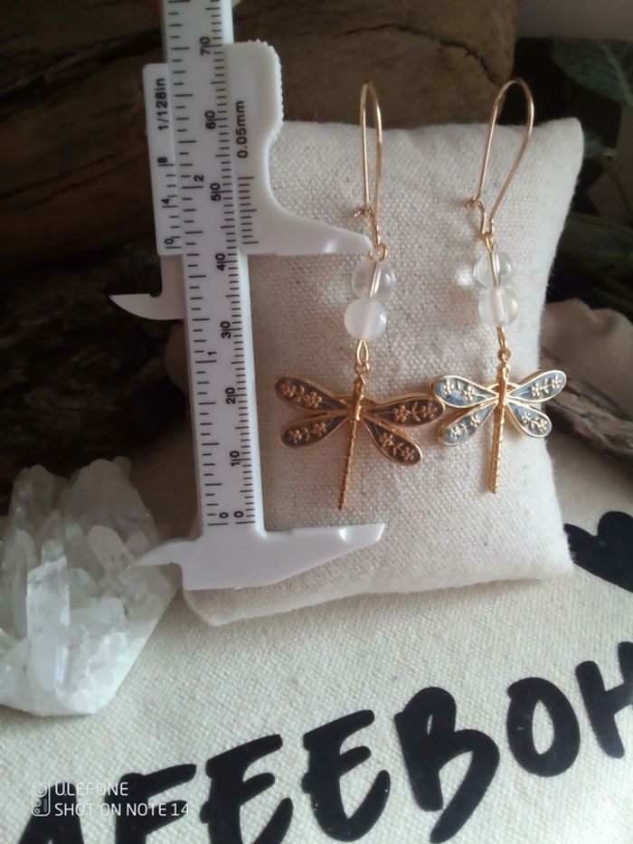 Boucles d'oreilles bohèmes libellules et pierres naturelles - photo numéro 3