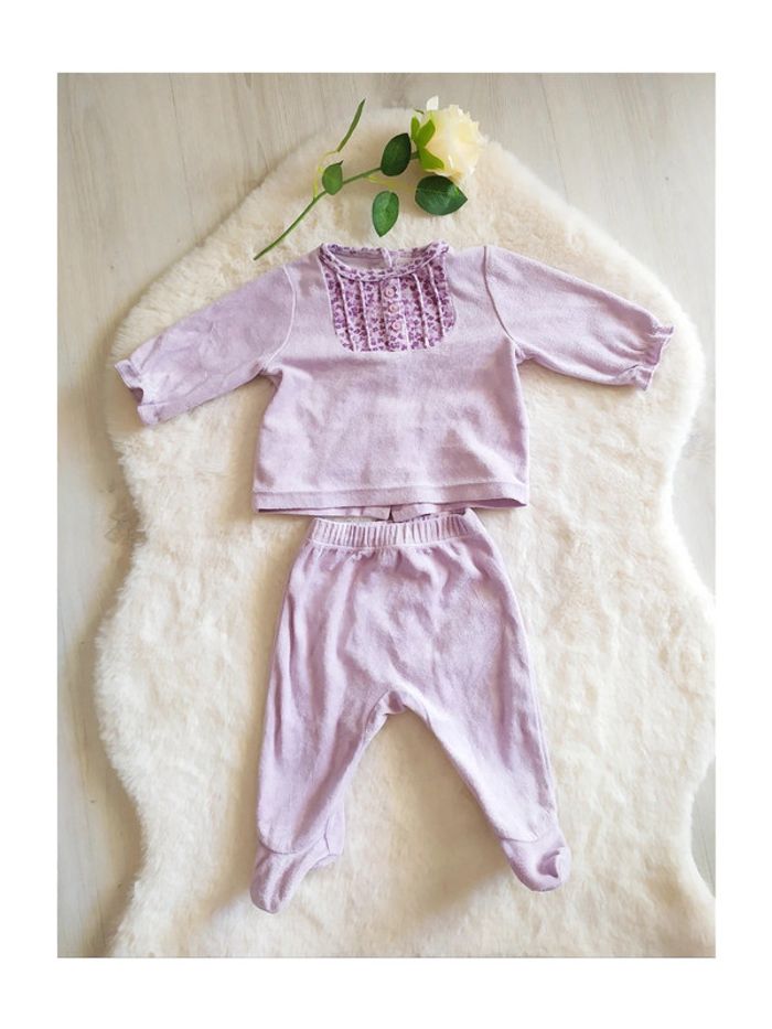 Ensemble 2 pièces bébé fille 3 mois velours mauve col fleuri Vertbaudet boutons dos