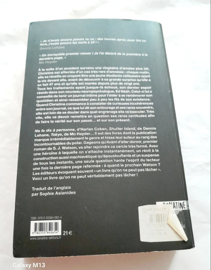 Avant d'aller dormir SJ Watson - photo numéro 3