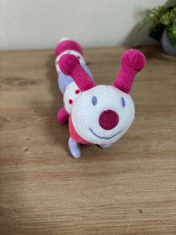 Doudou peluche chenille rose blanc pois violet obaibi