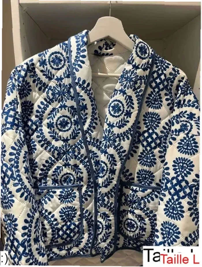 Veste Femme Matelassée Imprimé Floral Bleu Bohème - Taille L Neuf Jamais Porté - photo numéro 2