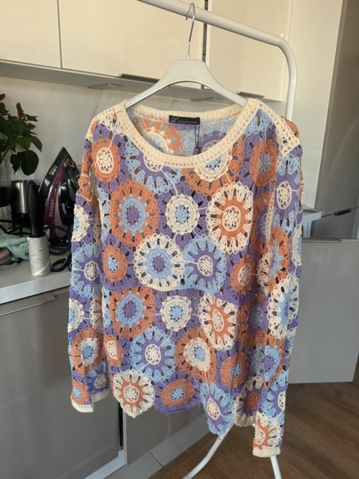 Pull en maille crochet transparent laine artificielle taille M/L orange lilas beige - photo numéro 7