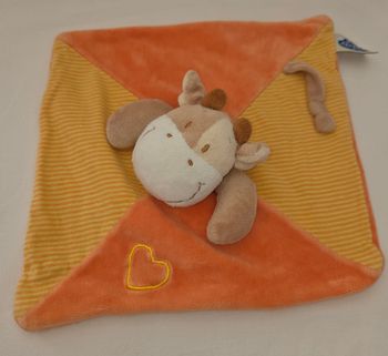 Doudou vache carré plat orange et rayé- Coeur - Mots d'enfants 