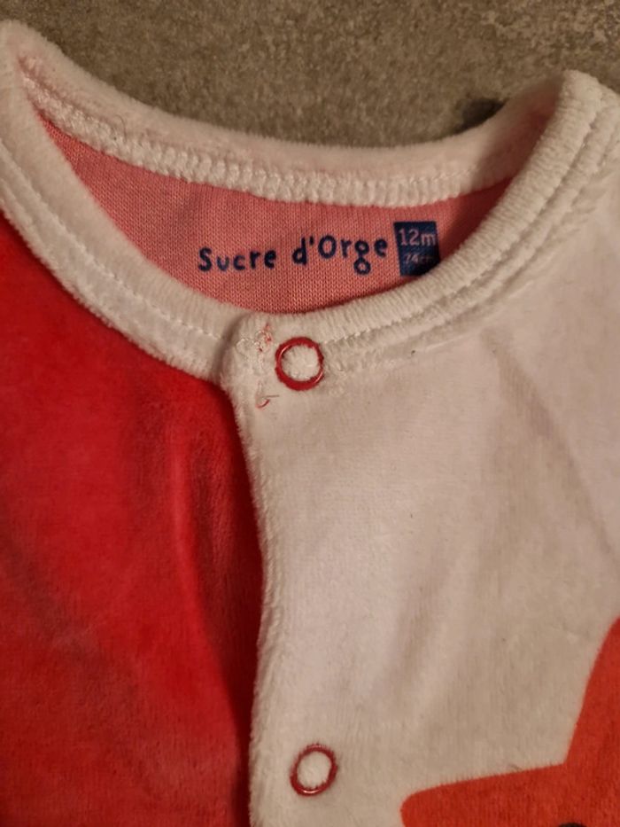 Grenouillère 1 pièce bébé fille velours rose blanc motifs lapin T12mois TBE sucre d'orge - photo numéro 2