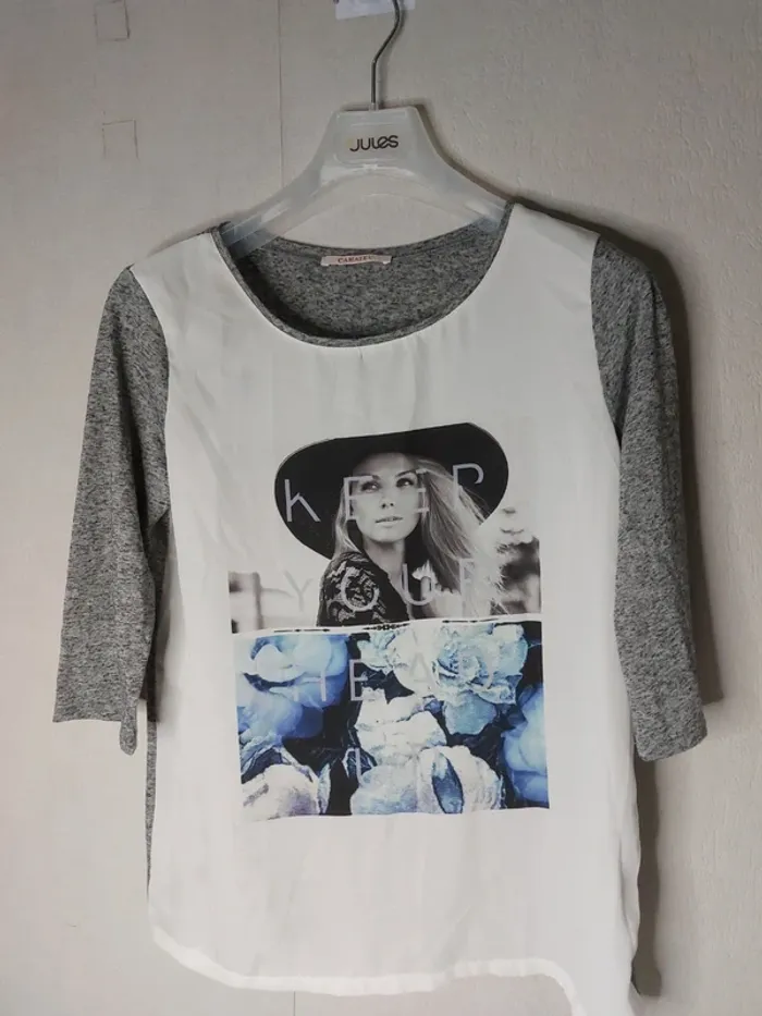 Tee-shirt  léger imprimé gris - blanc " camaïeu"
