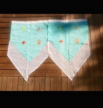 Lot de 2 pans de rideaux blanc et menthe avec motifs marins (hippocampe, poisson, coquillage), 