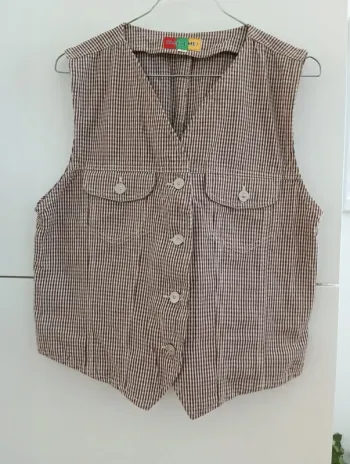 Veste vintage sans manches vichy marron/blanc