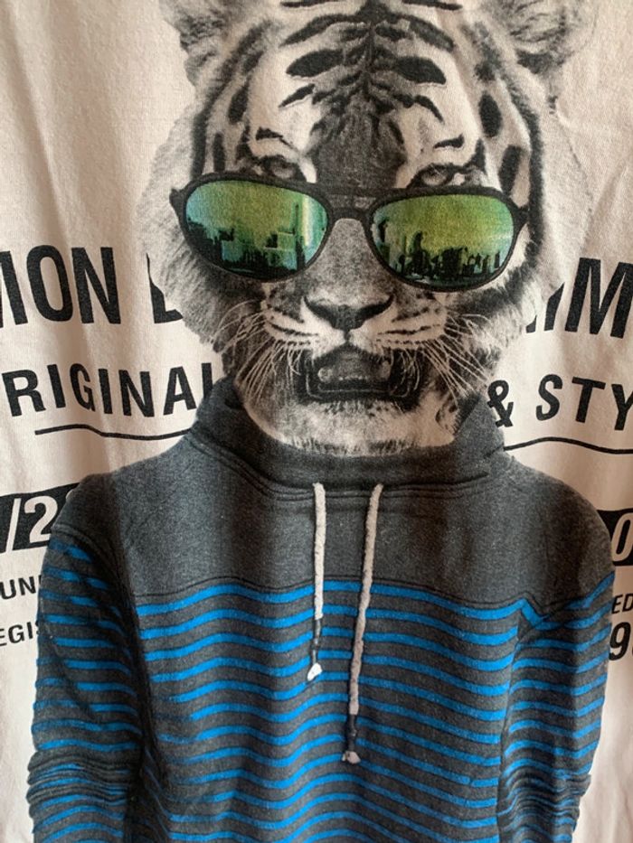 Tee Shirt maillot manches longues 14 ans Lemon Beret blanc noir imprimé tigre lunettes - photo numéro 2