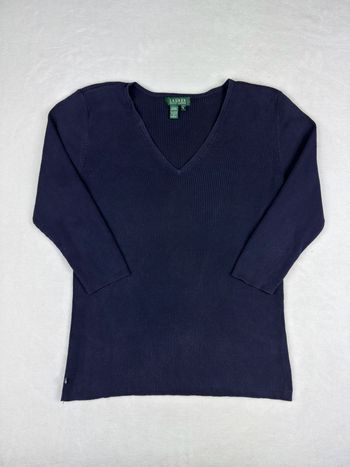 Pull col V côtelé Ralph Lauren femme bleu marine taille XL manches longues très bon état 02225