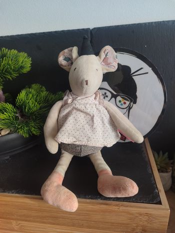 Peluche musicale souris Moulin roty Il était une fois blanc rose robe pois Plush