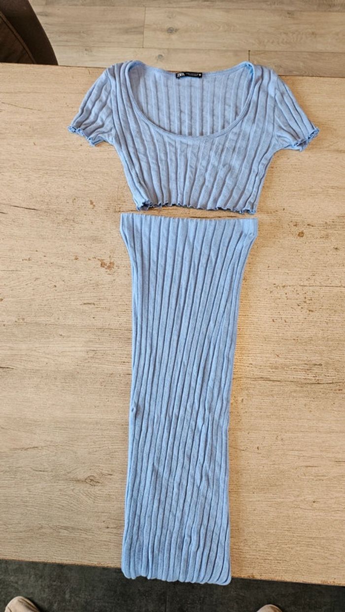 Ensemble croc top et jupe longue cotellé, bleu clair, Zara, taille M - photo numéro 2