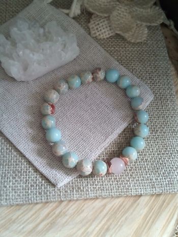 Bracelet en pierres de jaspe shoushan et quartz rose