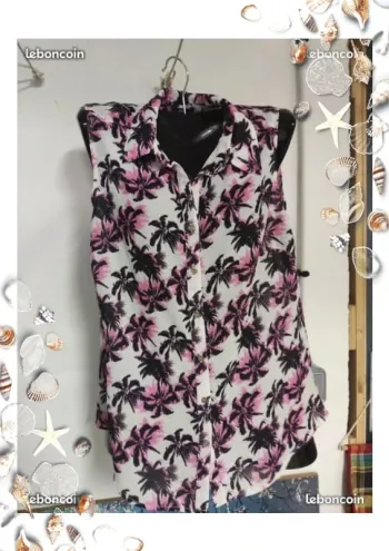 Chemise sans manche avec motif palmier noir rose et blanc taille 16 ans