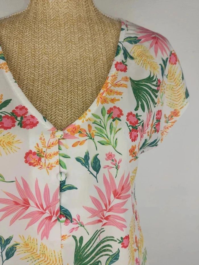 Blouse manches courtes blanche motifs fleuris colorés taille S Camaïeu - photo numéro 4