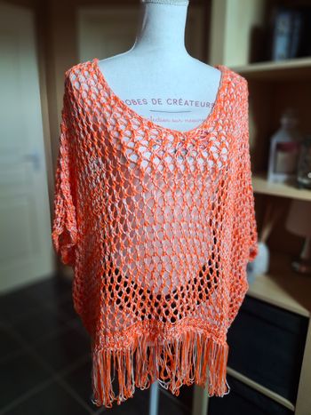 Pull tunique maille ajourée filet orange neuf