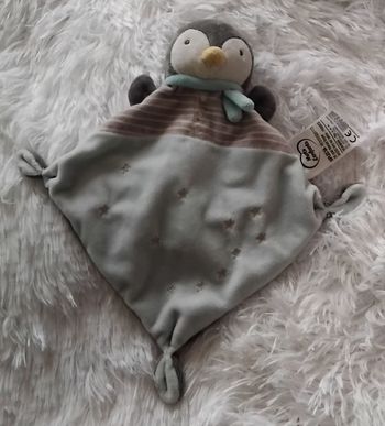 Doudou plat losange pingouin bleu et gris - Étoiles argentées- Mots d Enfants