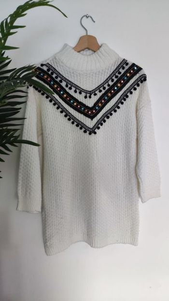 Pull long col rond femme