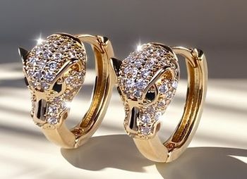 NEUVES BOUCLES D'OREILLES DOREES LEOPARD / STRASS