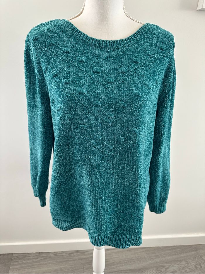 Pull en maille chenille bleu canard pailleté Vintage T42 XL