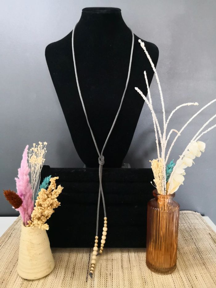 Collier à nouer en cuir et perles avec bracelet assorti - photo numéro 2