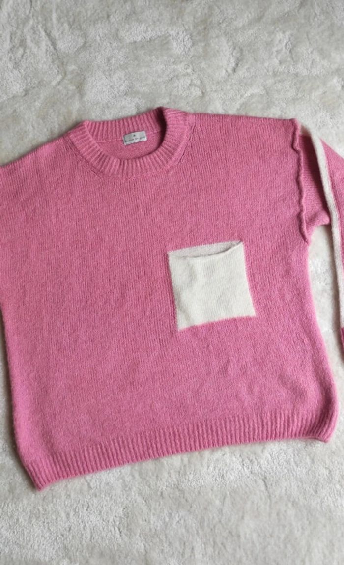 Magnifique pull loose rose bonbon blanc Balance ton pull avec poche taille unique comme neuf - photo numéro 6