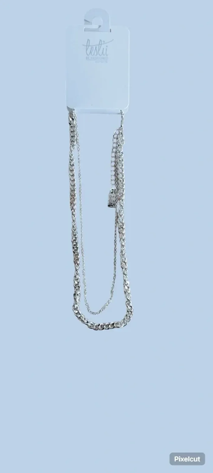 Collier argenté double chaîne neuf avec étiquette - photo numéro 3
