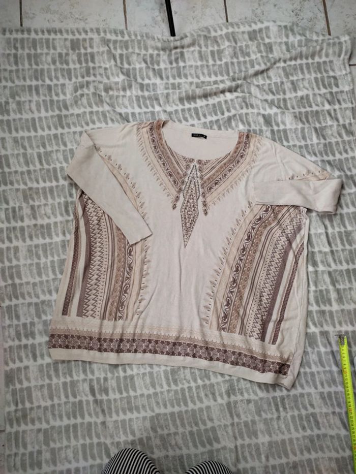 Pull manches 3/4 beige motif marron strass bréal taille 46 - photo numéro 2