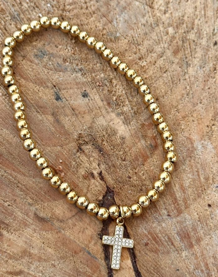 Bracelet réglable (élastique) grosses boucles roux cristaux acier inoxydable or - photo numéro 5