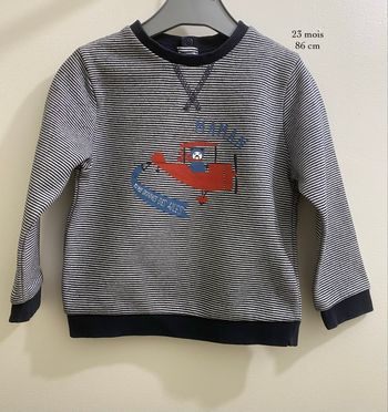 Pull sweat bleu marine blanc à fines rayures motif avion bébé garçon taille 23 mois Tape à l’œil