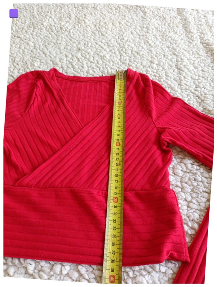 Haut croisé côtelé manches longues moderne pro ajusté stretch sexy rouge - photo numéro 4