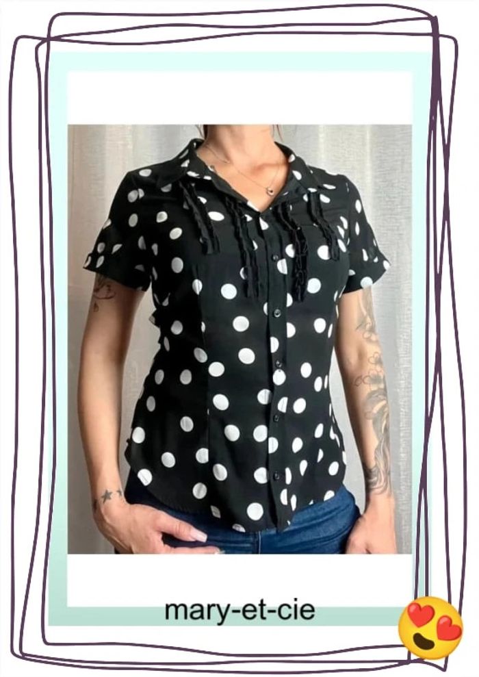SOLDÉ - Blouse manches courtes à pois noir et blanc taille S - Morgan - photo numéro 2
