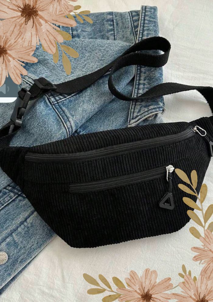 Grand sac banane noir velours côtelé femme rétro vintage femme bandoulière