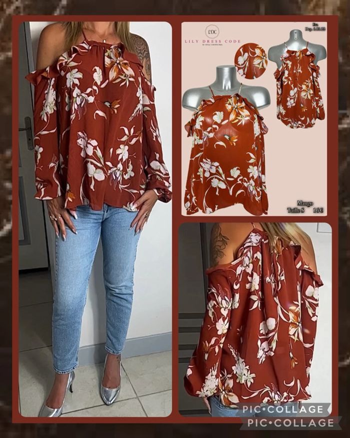 🤎 Top épaules dénudées fleuri mango  – Taille s – SOLDE-70% (vidéo portée dispo ) 🤎