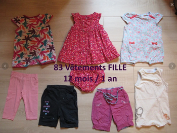 Lot de 83 vêtements fille 12 mois / 1 an printemps / été (robe, short, combi-short, bodie, pyjama)