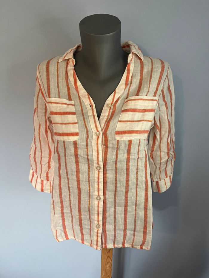 Chemise rayée blanc/rose doré Gerard Pasquier – taille 38 – lin & détails brillants