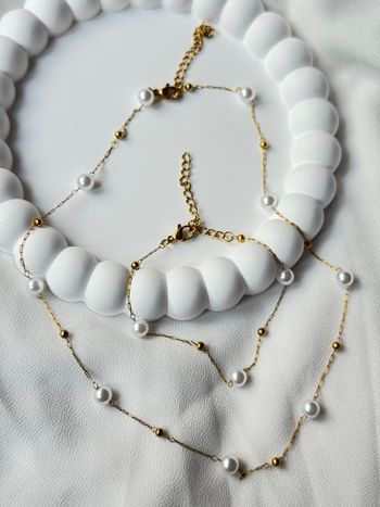 Parure Collier & Bracelet en Acier Inoxydable Doré – Perles Blanches