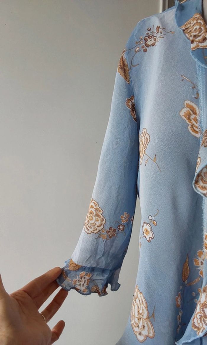 Superbe ensemble fluide Vintage bleu fleuri marron jupe et veste boléro T40 - photo numéro 4