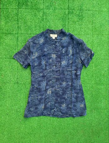 Blouse Un Deux Trois bleu motifs fleuris style chinois femme M viscose vintage