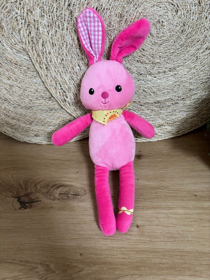 Neuf doudou lapin rose bandana jaune grelot jemini - photo numéro 2