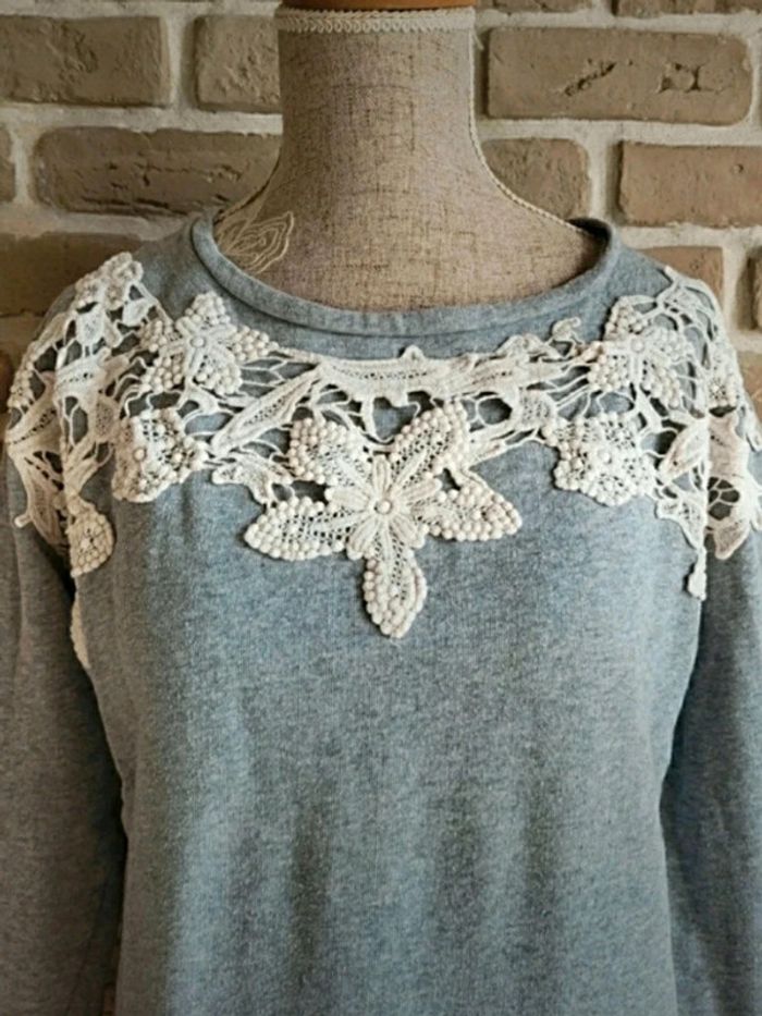 Sweat gris à dentelle blanche La Redoute S 36 - photo numéro 2
