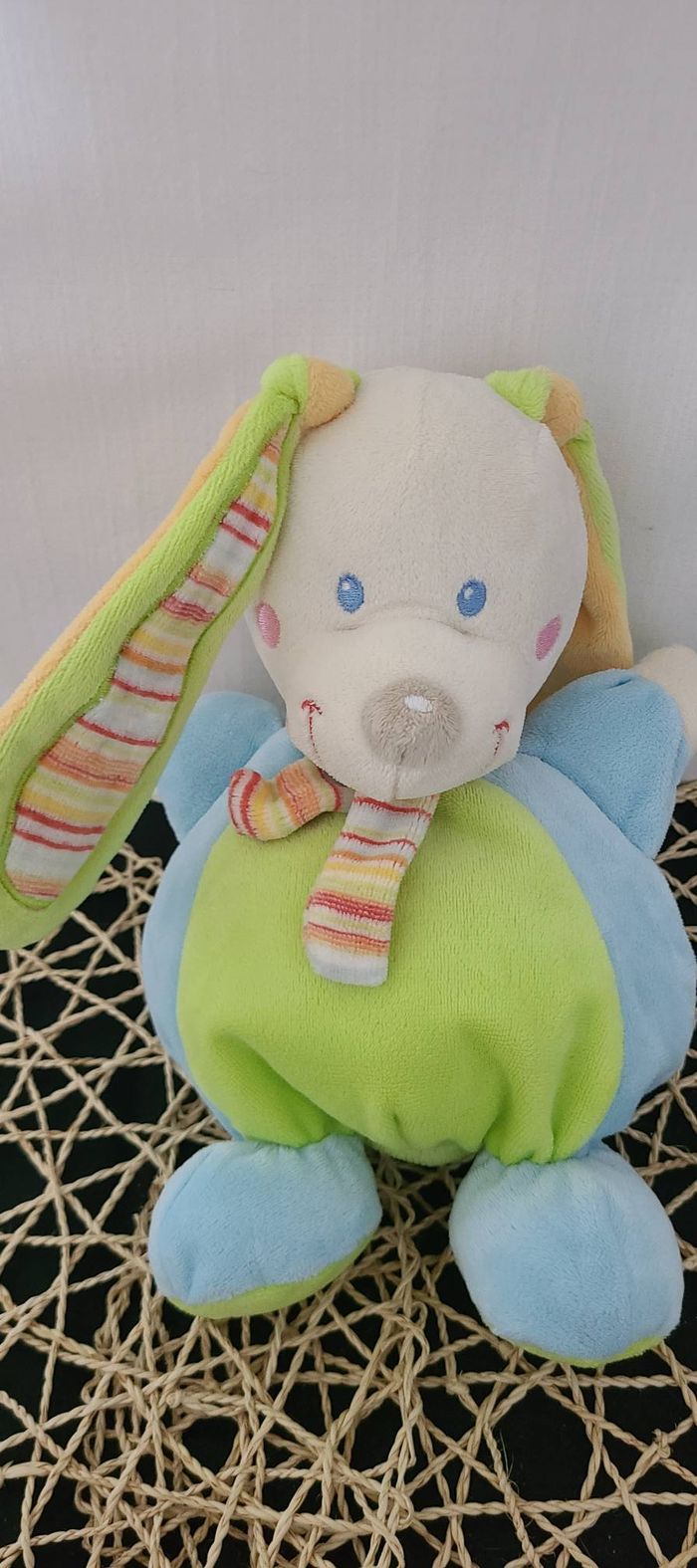 Doudou lapin vert bleu écharpe rayé MOTS D'ENFANTS - photo numéro 4