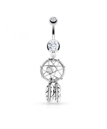 Piercing au nombril attrape rêve catcher imitation perle Double plumes blanc bijou ventre acier chir