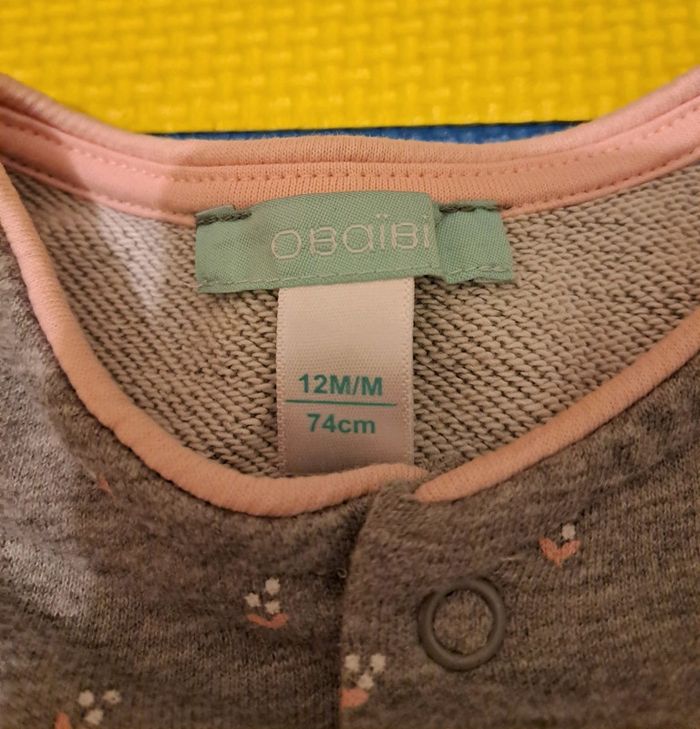 Ensemble veste pantalon gris fleurs, obaïbi, taille 12 mois (74 cm) - photo numéro 4