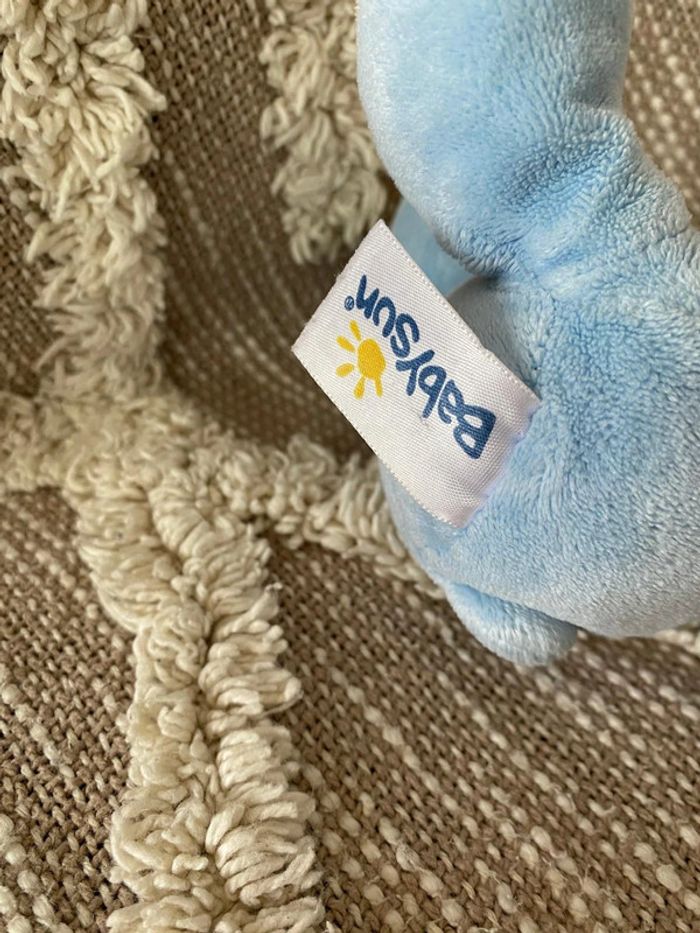 Peluche doudou 15cm babysun ours bleu blanc écharpe rayé rouge très bon état - photo numéro 4