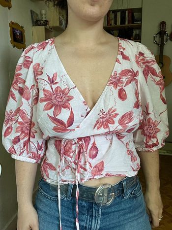 Chemisier croisé manches bouffantes rose et blanc H&M 36