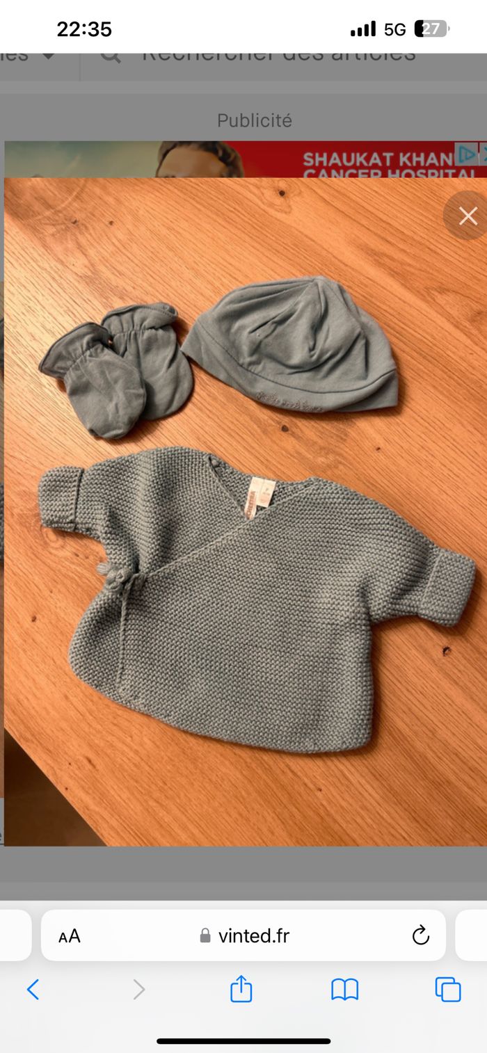 Ensemble bonnet + gilet + mouffles