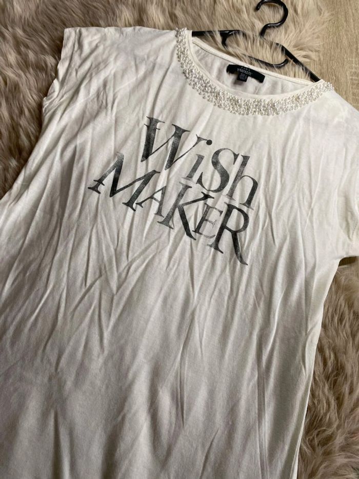T-shirt blanc et gris avec perles sur le col Zara Taille S / 36