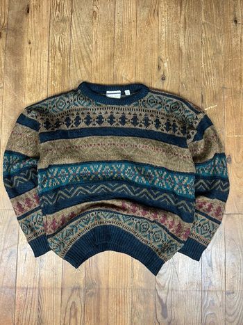 Pull maille vintage laine motifs rayures multicolore Made in UK  L